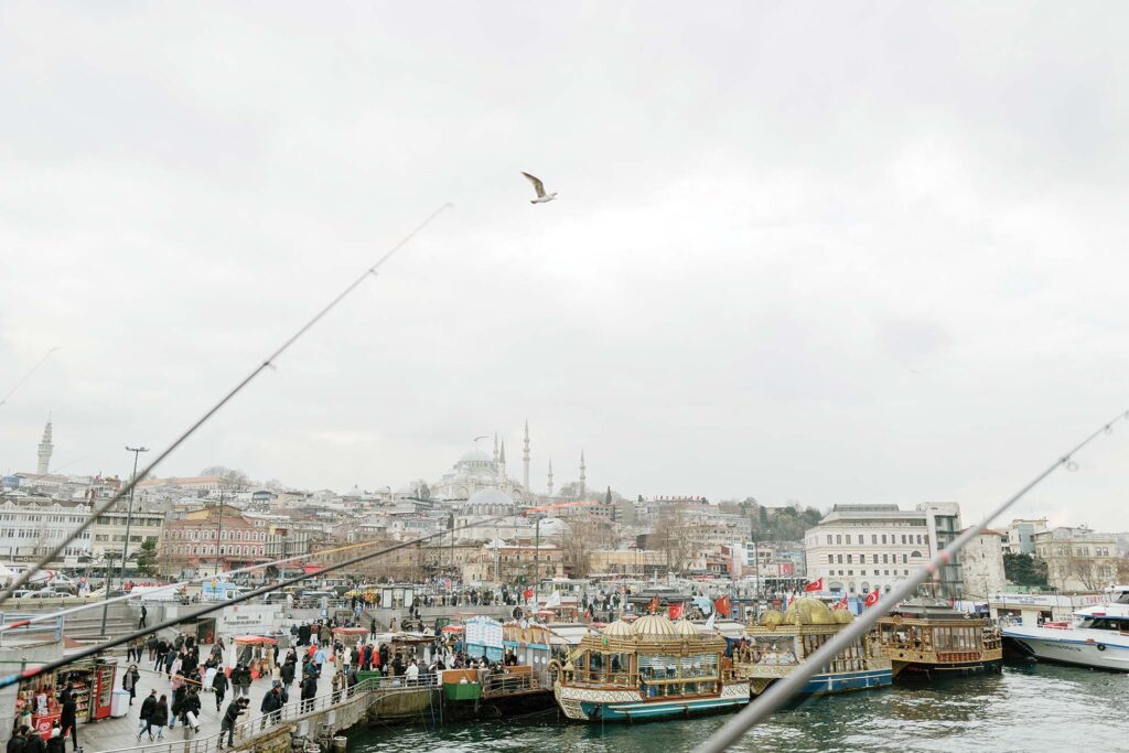 Overcast view of a bustling waterfront scene in Istanbul, featuring crowds of people, several boats docked at the shore, and a historic mosque in the background, with fishing rods in the foreground and a seagull flying overhead.